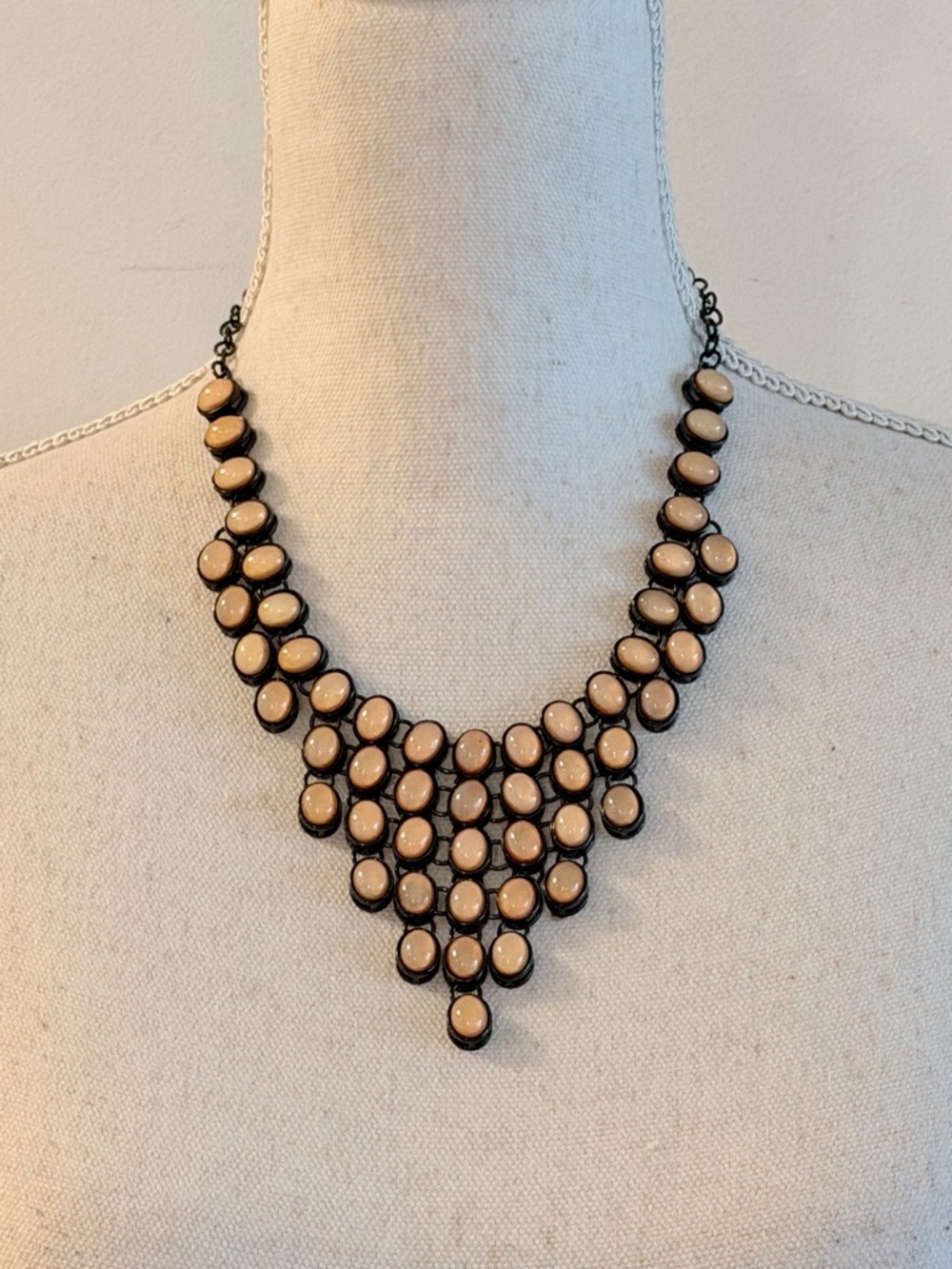 NY Signed Vintage Pink/Peach Cabochon and Black Chain Bib Necklace